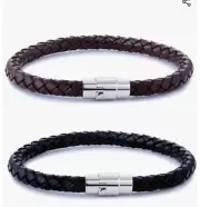 Silver Stainless Steel Magnetic Clasp Braided Leather Bracelet for Men's Women's