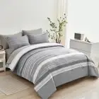 7 Piece Bed in a Bag Stripe Comforter Set Queen Size, White Grey Patchwork St...