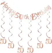 Bliceon 50th Birthday Bunting Banner, Hanging Swirls Streamers, 50th Birthday Decorations Set for Women 50 Years Old Birthday Decorations Party Decor - Rose Gold