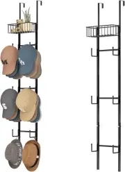 over Door Hat Rack - 2 Packs Wall Mounted Hat Holder with 6 Hooks and Metal Bask