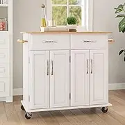 Rolling Kitchen Island Cart on Wheels with Storage Cabinet, Mobile Kitchen Cart Island Table with 2 Drawers Towel Racks Rubber Wood Top Coffee Bar for Dinning Room, 41.7”Lx18.5”Wx37”H, White