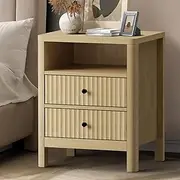 [OIKITURE] Bedside Table Drawer Cabinet — Modern Nightstand with Dual Drawers and Open Display Shelf