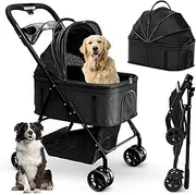 AdventEdge Pet Stroller 3-in-1 Foldable Dog Stroller, Cat Strollers, Foldable Pet Strollers & Cat Carrier, Pet Carrier, Lightweight with Cup Holder, Waterproof Max Load 66 lbs, Breathable Mesh Canopy