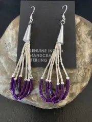 Liquid Silver Heishi Tube Beads Purple Stone Sterling Silver Earrings 2" 13048