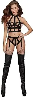 [Dreamgirl] Women's Black Strappy Collared Bralette and Garter Panty Set