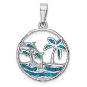 Sterling Silver Rhodium-Plated Blue Created Opal Dolphins Pendant
