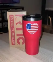 New RTIC 30oz Tumbler “Flag Red” USA Flag Heart Decal w/ Box & Lid