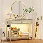 Dystler Console Table with Outlet & Charging Ports, Rattan Entryway Table with LED Lights, Narrow Sofa Table with 2 Drawers & Shelves, Wood Table for Entrance/Living Room/Hallway/Kitchen