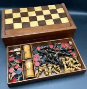 Large Antique Chess Backgammon Board Shakers Chess Pieces Counters Dice etc