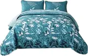 WONGS BEDDING Teal Floral Quilt Set Full,3 PCS Summer Botancal Leaves Bedspread Lightweight Geometry Printed Coverlet Set with 2 Pillowcase,Soft Bohemian Bedding Set 78/ ×90/ Purple