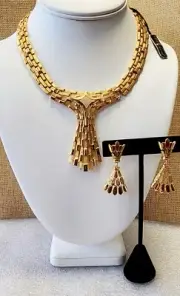 Crown Trifari Double Clasp Lucerne Drop Gold Tone Necklace, Earring Set NWT B636