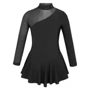 Kids Girls Long Sleeve Splice Cutouts Back Figure Ice Skating Roller Skating Ballet Dance Dress black 9-10 Years