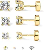 [GEMQUEEN] Moissanite Earrings Studs Flat Back Earring Hypoallergenic 18K White Gold Plated Sterling Silver Earrings for Women Men 3 Pairs Earring Set Cartilage Helix Piercing Jewelry D Color VVS1