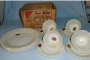 Fire King Anchor Hocking Ivory Swirl Cup Saucer Plate Box All W/ Orig Stickers