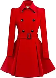 [ForeMode] Women Swing Double Breasted Wool Pea Coat with Belt Buckle Spring Mid-Long Long Sleeve Lapel Dresses Outwear