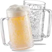 luxail Freezer Beer Mugs, Double Wall, Insulated Gel Plastic Pint Freezable Glasses, 16 oz, Clear 2 pack, Chiller Frosty Cup, Frozen Ice Freezer Mug, Freezer Cups.