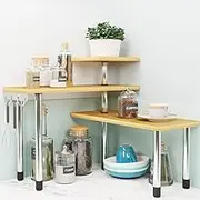 9SHOME Kitchen Corner Shelf Countertop Organiser, 3 Tier Adjustable Bamboo Spice Rack Organizer with Hooks, Wooden Counter Top Storage Rack for Kitchen, Bathroom, Living Room, Coffee Station