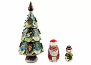 Handmade Christmas Tree Nesting Doll 3pc 5"100% Natura Linden Wood with Ornament