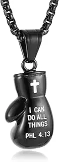 [HZMAN] Boxing Glove Necklace Pendant for Men Boy Stainless Steel Bible Verse I CAN DO ALL THINGS Inspiring Sports Necklace Jewelry Gift