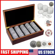 50PCS 46MM Coin Capsules Storage Box & Wooden Case Holder Collection Display US