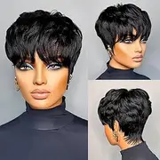 QiaQiaRing Pixie Cut Wigs For Black Women Natural Color 1B Short Layered Pixie Cut Wigs For Women Brazilian Virgin Human Hair Wigs Glueless Wigs