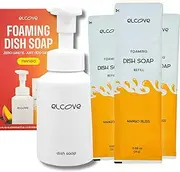 Elcove Refillable Foaming Dish Soap Starter Set, Reusable Glass Bottle, 3 Concentrated Refills Make 36 oz of Liquid Dishwashing Detergent, Plant Based Ingredients, Compostable Sponge
