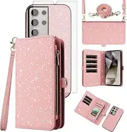 [Asuwish] Mobile Phone Case for Samsung Galaxy S24 Ultra 5G Case with Strap, Protective Film, Card Slot, Foldable, Glitter, Leather, Flowers, Wallet, Stand, S24Ultra 24S, S 24, 24 Ultra Cases Protective