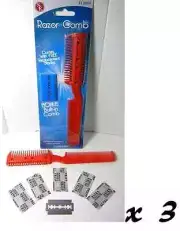 New 3pc Hair Cutting Thinning RAZOR COMB & Extra BLADES - ASSOR COLORS