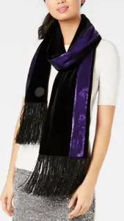 NWT Womens DKNY Black Velvet Purple Sequin Fringed Scarf Round Logo OS