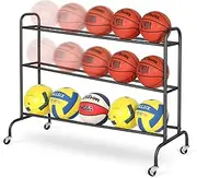 Basketball Rack Training Stand - Tilt Ball Equipment Holder Shooting Rolling Storage Cart with Wheels Sports Outdoor Volleyball Soccer Football Garage Organizer Accessories, Black