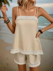 Fringe square neck cami and shorts set