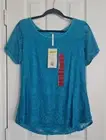 Leo & Nicole Floral Lace Overlay Jersey Knit Top Shirt Medium Teal Short Sleeve