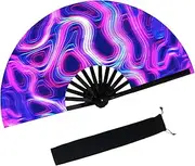 dmjuncong Large Folding Hand Rave Fan with Fan Bag, Music Festival, Carnival, Rainbow Outfits, Disco, Neon, Glow Party Decorations