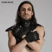 Punk Rave Men Cyberpunk Suede Mesh Armored Gloves Studs Punk Black Mittens