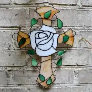 Rosicrucian White Rose Cross Stained Glass Suncatcher Christian Window Panel