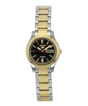 Seiko 5 Gold Tone Stainless Steel Black Dial Day/Date 21 Jewels Automatic SYMD94K1 Ladies Women's Watch