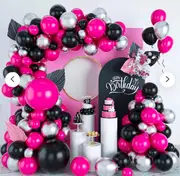 97pcs Hot Pink Metallic Silver Black Balloon Garland Arch Kit - Baby Shower Wedding Anniversary Birthday Party Decorations