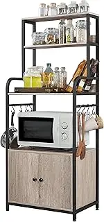 Topeakmart Kitchen Baker's Rack with Storage Shelves, 4-Tier Microwave Stand with 8 Hooks and Cabinet, 59'' Height Kitchen Shelves for Spices Pots and Pans, Utility Coffee Station with Storage Shelves