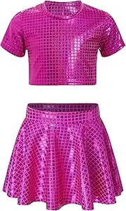 [Yruioon] Girls 2 Piece Dance Outfits Metallic Sequin Dance Crop Top Short Sleeve T-Shirt with Dance Skirt Sets Dancewear