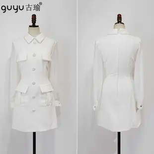 優雅性感秋季白色韓洋 S-XL 小翻領長袖短版緊身洋裝 約會小洋裝