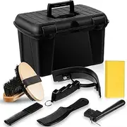 Large Horse Grooming Box Kit, 8-piece Horse Brush Set with Box, Equine Care, Horse Tack Room Equipment, Grooming Horse Supplies, Black Plastic Tool Box