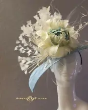 Aimee Fuller Kentucky Derby Fascinator Soft Light Blue Hat Cream Feathers Bridal