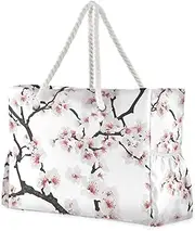 [Yoogain] Pink Peach Blossom Large Capacity Sandproof Outdoor Tote with side pocketes Weekender Overnight Bag with zippered pockets, Pink Peach Blossom, 1 size
