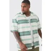 Mens Plus Short Sleeve Drop Revere Textured Check Shirt In Stone