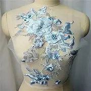 Lace Applique，Embroidered Appliques， White Blue Purple Grey 3D Flowers Beads Rhinestones Appliques Embroidered Wedding Gown Decoration Mesh Sew Patch for Dress DIY(Blue)
