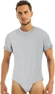 [Aislor] Mens One Piece Short Sleeves Undershirts Press Button Crotch Shirt Leotard Bodysuit Pajamas