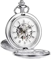 [TREEWETO] Antique Mens Pocket Watch Skeleton Mechanical Half Hunter Silver Golden Case Roman Numerals