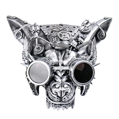 Silver Angry Wolf Steampunk Mask with Robotic Goggles for Masquerade