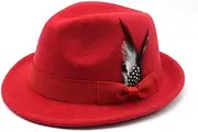 [BUDUBIBI] Fedora Hat for Men, Classic Short Brim Adjustable Panama Hat with Feather Winter Felt Jazz Cap