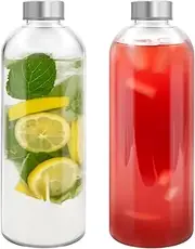 Blissify 1L High Borosilicate Glass Water Bottles, 2 Pack Glass Juice Bottles with Lids, Reusable Drinking Bottles for Hot Cold Drinks, Home, Office, Gym & Outdoors
